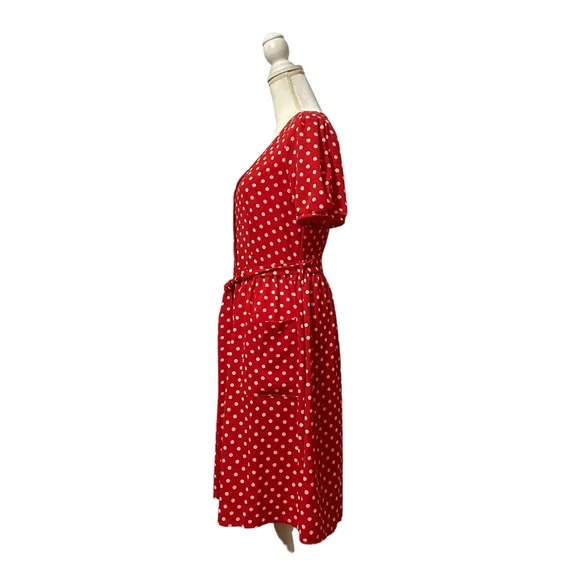 Eva Rose Short Sleeve Polka Dot Belted Dress with Pockets Red